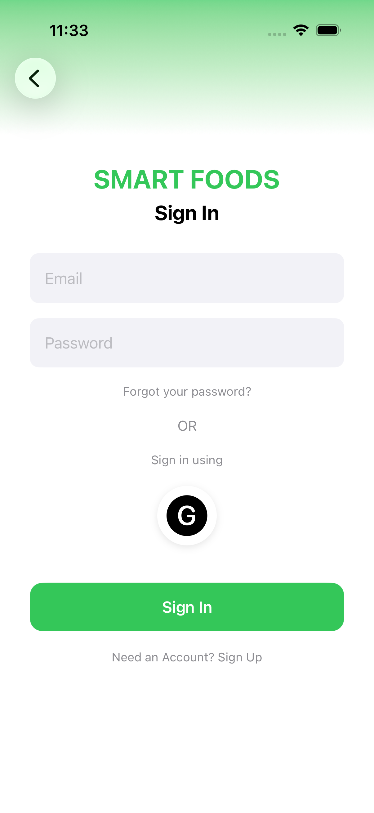 SmartFoods Sign In Screen